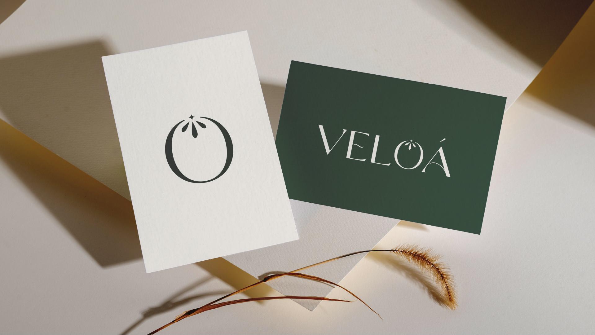 Cartões Veloá em tons claros e verde profundo